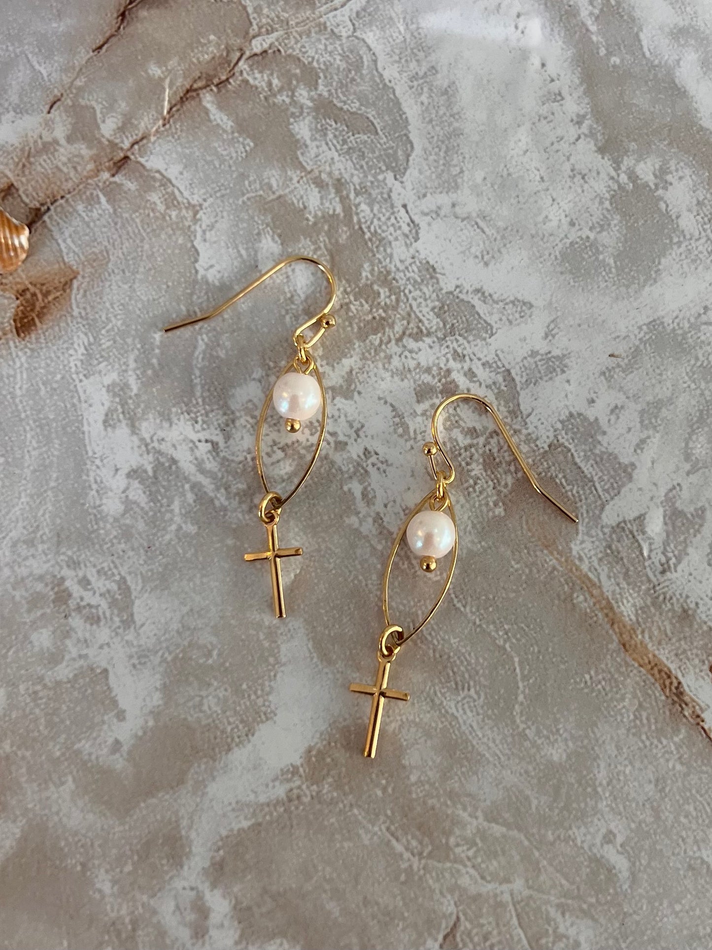 Cross Pearl Earrings