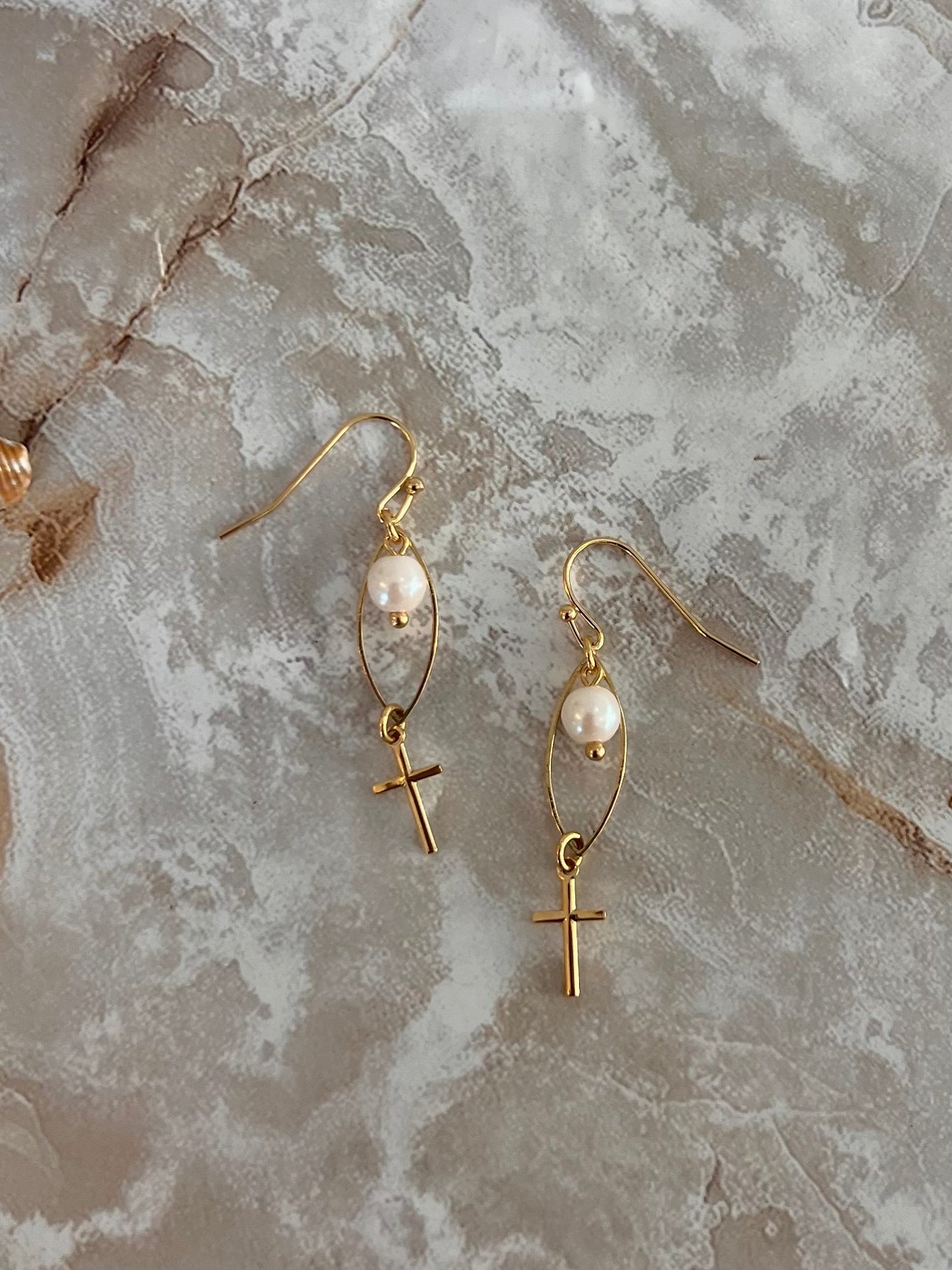 Cross Pearl Earrings