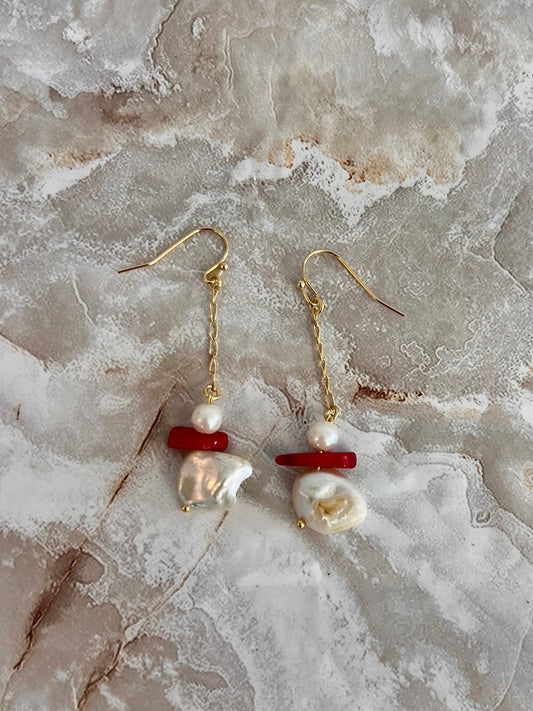 Red Coral Pearl Earrings