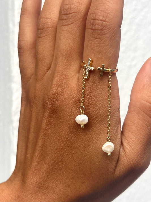 Pearls Chain Cross Ring